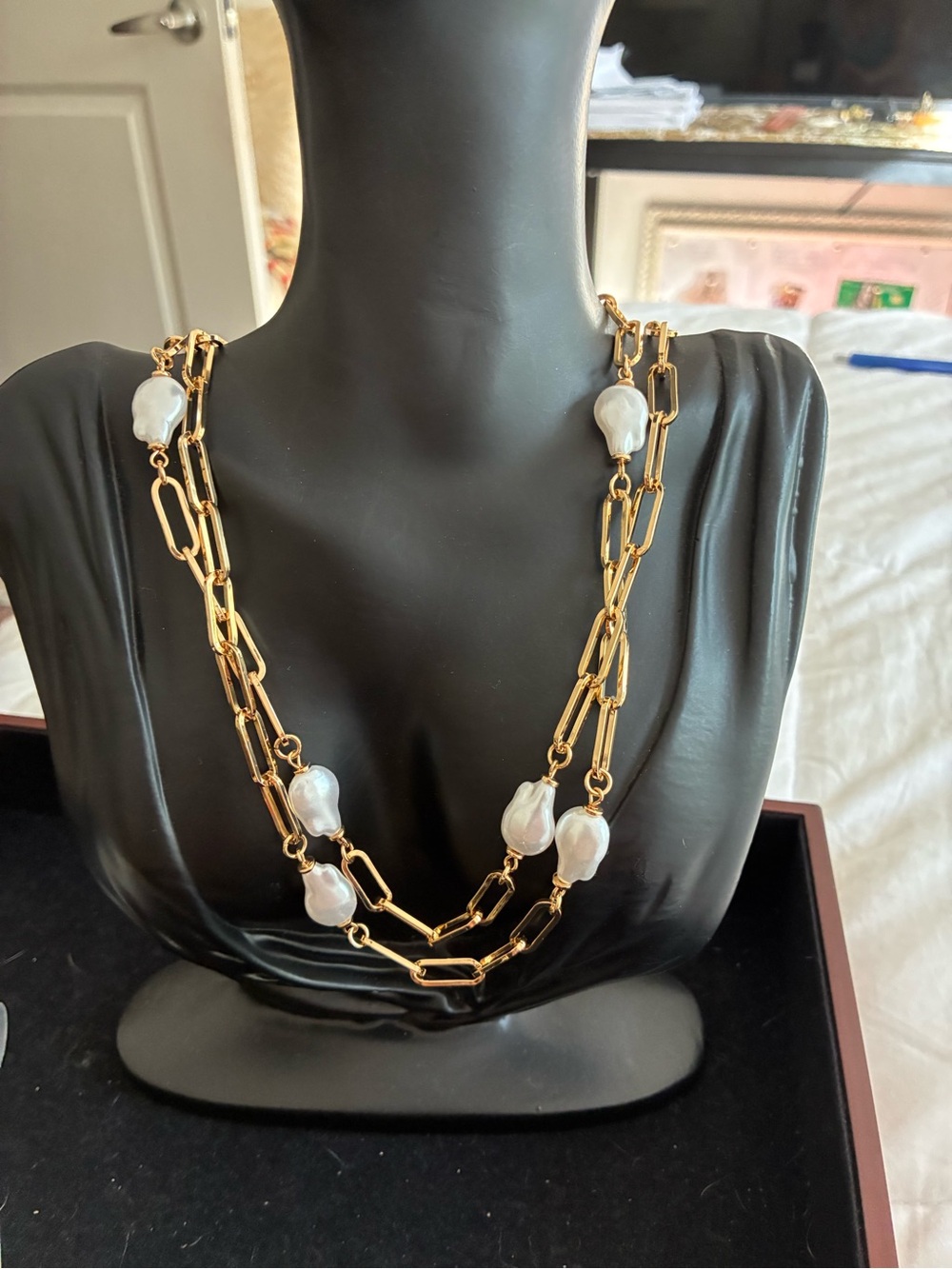 Nordstrom Gold-Tone Paperclip Chain Necklace with White Baroque Pearls